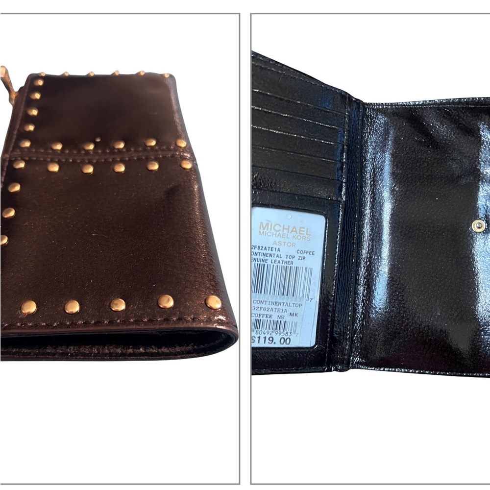 MICHAEL KORS Astor - Continental Dk Brown Zip Wallet Genuine Leather-Gold Studs